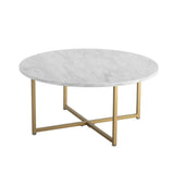 Round white marble coffee table with gold metal base, modern minimalist design