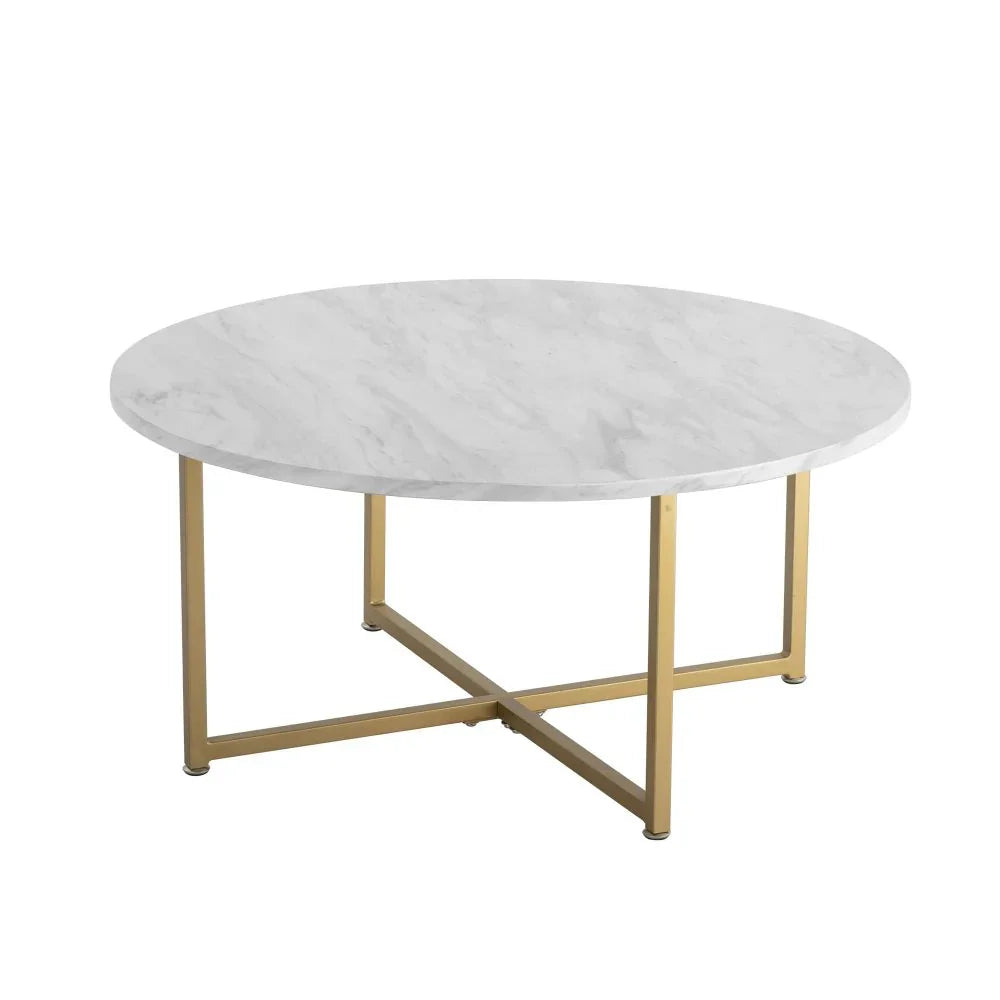 Round white marble coffee table with gold metal base, modern minimalist design