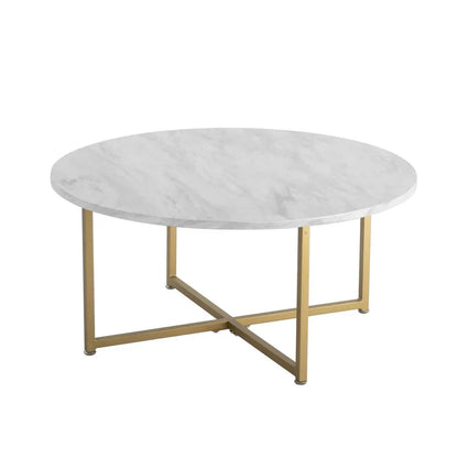 Round white marble coffee table with gold metal base, modern minimalist design
