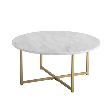 Round white marble coffee table with gold metal base, modern minimalist design