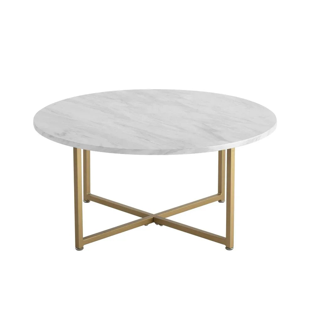 Round white marble coffee table with gold metal base, modern living room furniture