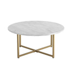 Round white marble coffee table with gold metal base, modern living room furniture