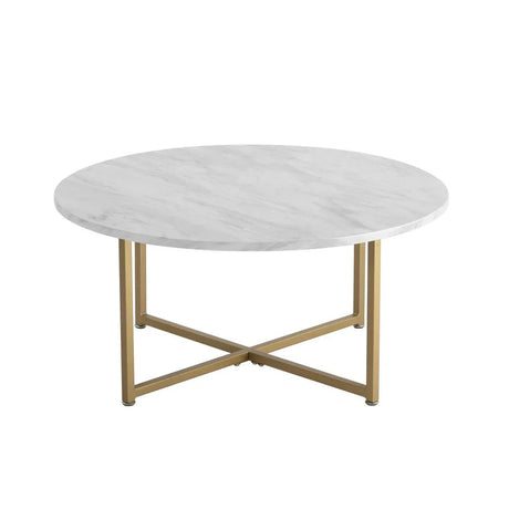 Round white marble coffee table with gold metal base, modern living room furniture