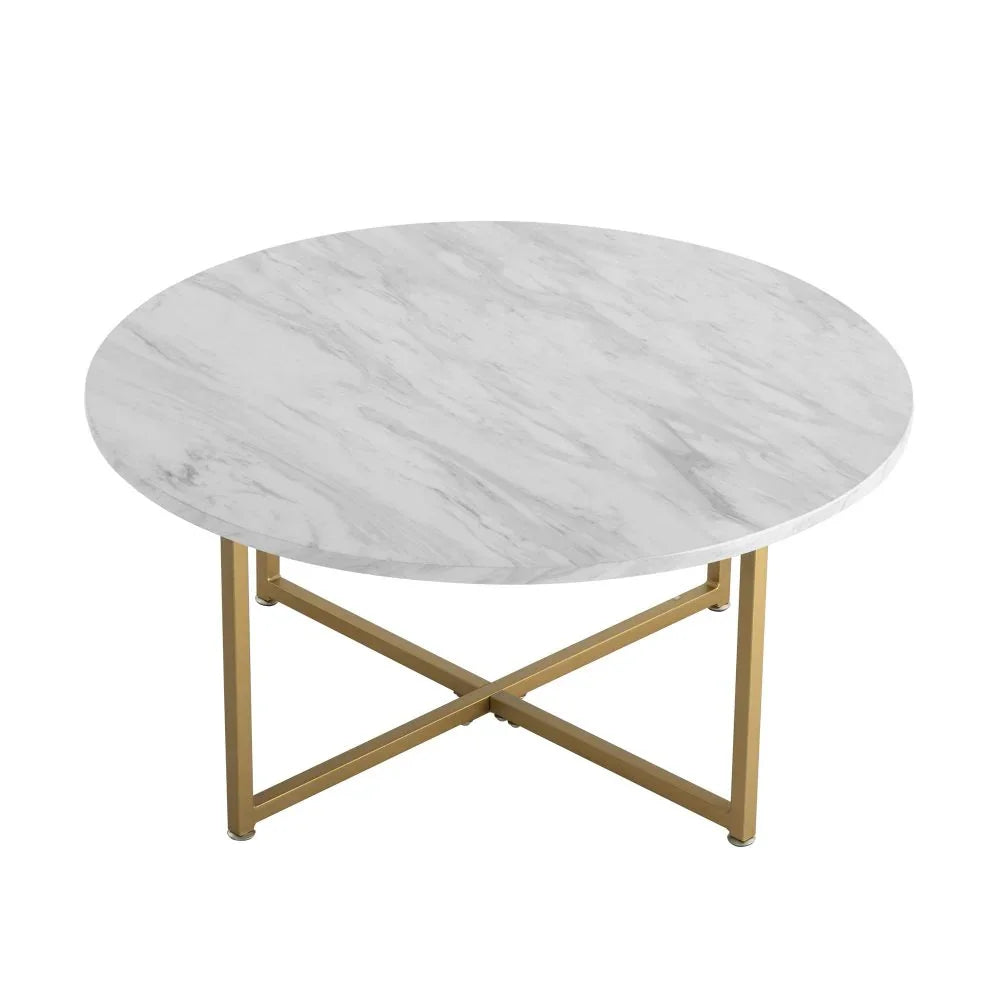 Round white marble coffee table with gold metal base, modern living room furniture
