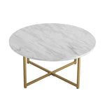Round white marble coffee table with gold metal base, modern living room furniture