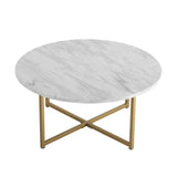 Round white marble coffee table with gold metal base, modern living room furniture