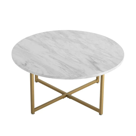 Round white marble coffee table with gold metal base, modern living room furniture