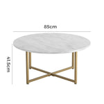 Round marble coffee table with gold metal legs, 85cm wide by 41.5cm high
