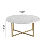 Round marble coffee table with gold metal legs, 85cm wide by 41.5cm high