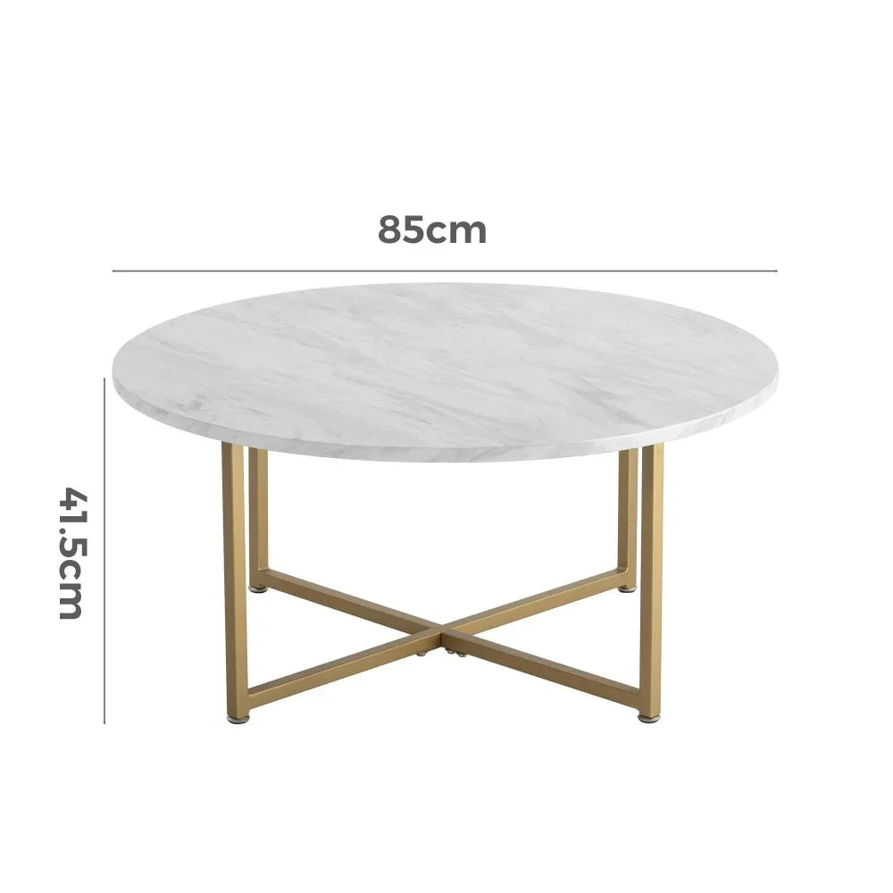 Round marble coffee table with gold metal legs, 85cm wide by 41.5cm high