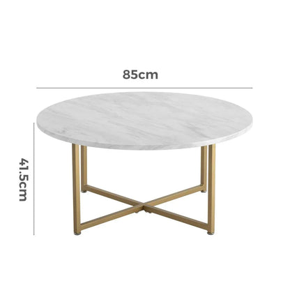 Round marble coffee table with gold metal legs, 85cm wide by 41.5cm high