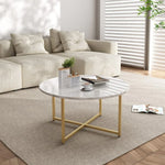 Modern living room with marble coffee table, gold metal base, beige sofa, and neutral decor