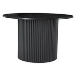 Round black modern dining table with fluted cylindrical base and smooth top