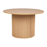 Round oak dining table with fluted wooden base and natural finish