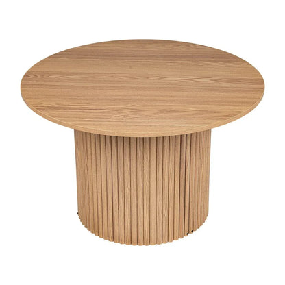 Round natural wood dining table with fluted pedestal base, modern minimalist design
