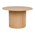 Round natural wood dining table with fluted cylindrical base and smooth top
