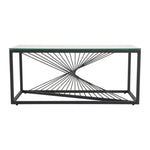 Modern black console table with glass top and geometric metal base design