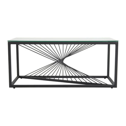 Modern black console table with glass top and geometric metal base design