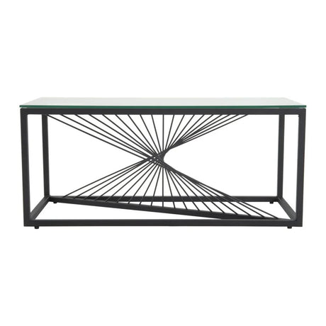Modern black console table with glass top and geometric metal base design