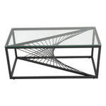Modern rectangular glass coffee table with black metal geometric frame