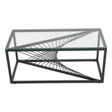 Modern rectangular glass coffee table with black metal geometric frame