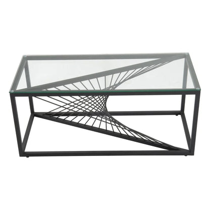 Modern rectangular glass coffee table with black metal geometric frame