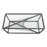 Rectangular glass coffee table with black geometric metal frame and modern twisted base design