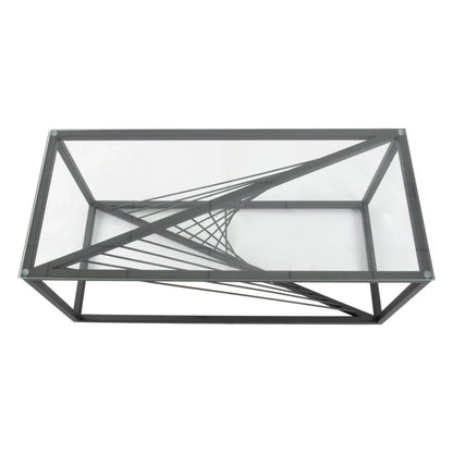 Rectangular glass coffee table with black geometric metal frame and modern twisted base design