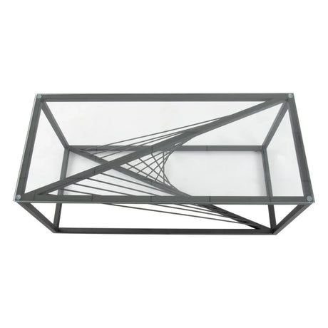 Rectangular glass coffee table with black geometric metal frame and modern twisted base design