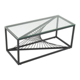 Modern rectangular glass coffee table with black metal geometric base.