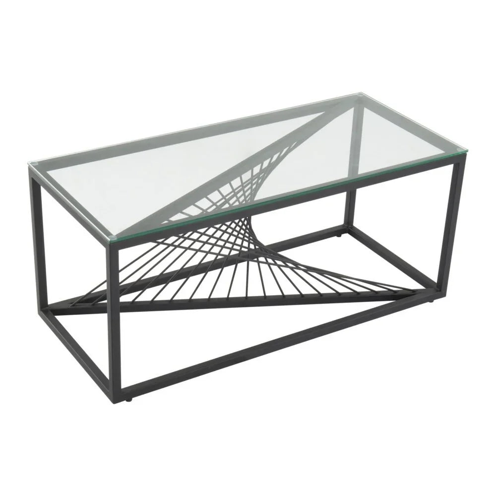 Modern rectangular glass coffee table with black metal geometric base.