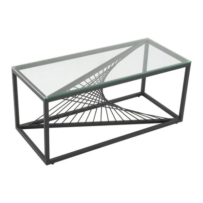 Modern rectangular glass coffee table with black metal geometric base.