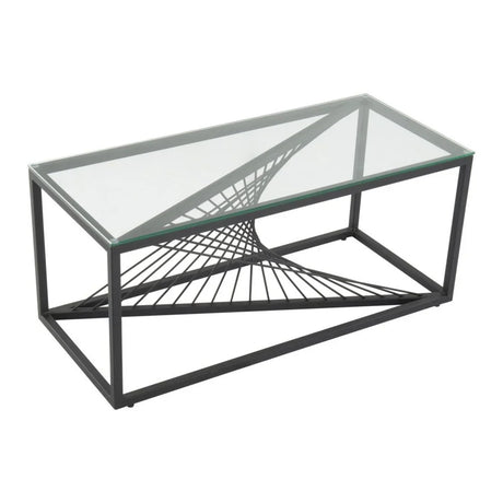 Modern rectangular glass coffee table with black metal geometric base.