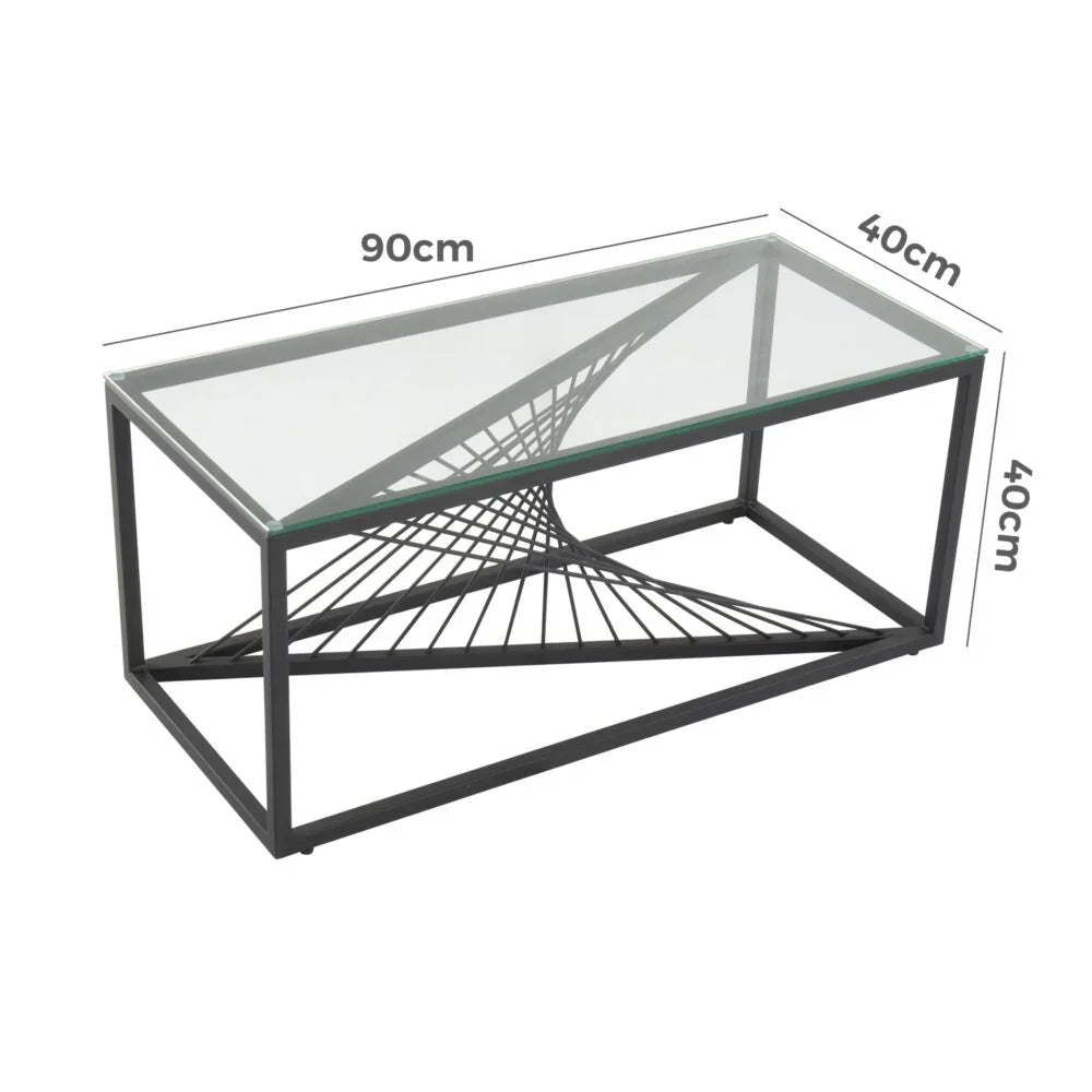Rectangular glass coffee table with black metal frame and geometric base, 90x40x40cm