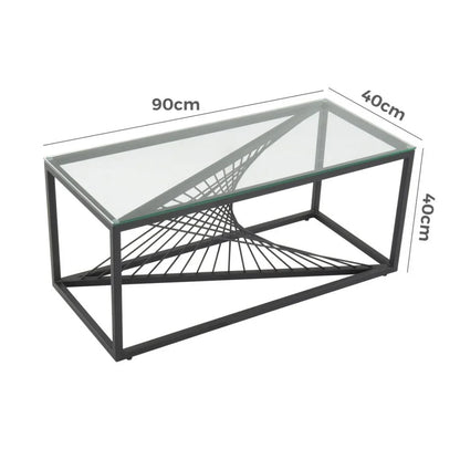 Rectangular glass coffee table with black metal frame and geometric base, 90x40x40cm