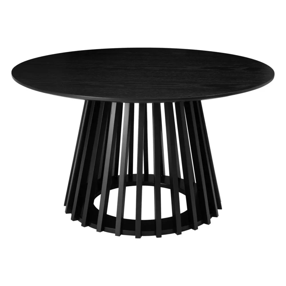 Modern black round dining table with slatted wood pedestal base on white background