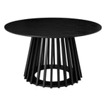 Modern black round dining table with slatted wood pedestal base on white background