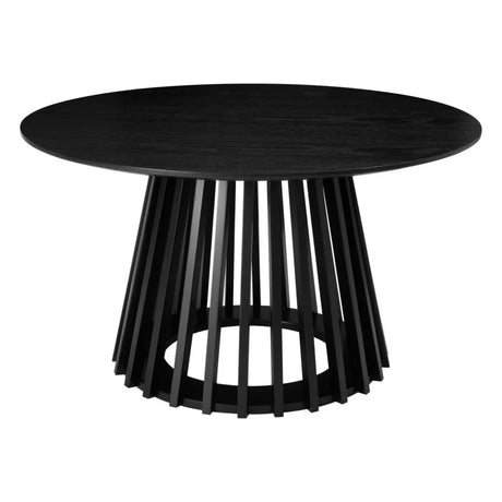 Modern black round dining table with slatted wood pedestal base on white background