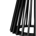 Close-up of black modern metal table base with vertical slats and circular support