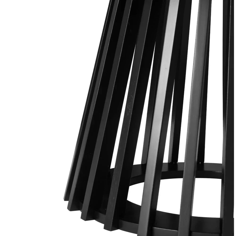 Close-up of black modern metal table base with vertical slats and circular support