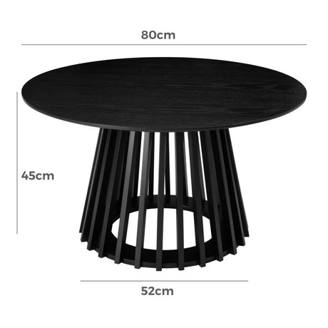 Black round coffee table with slatted base, dimensions 80x52x45cm