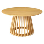 Modern round wooden dining table with slatted pedestal base, light oak finish