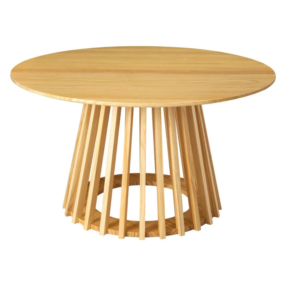 Modern round wooden dining table with slatted pedestal base, light oak finish