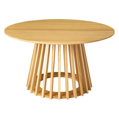 Modern round wooden dining table with slatted pedestal base, light oak finish