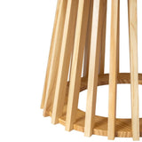 Modern light wood table base with vertical slats and round frame, close-up view