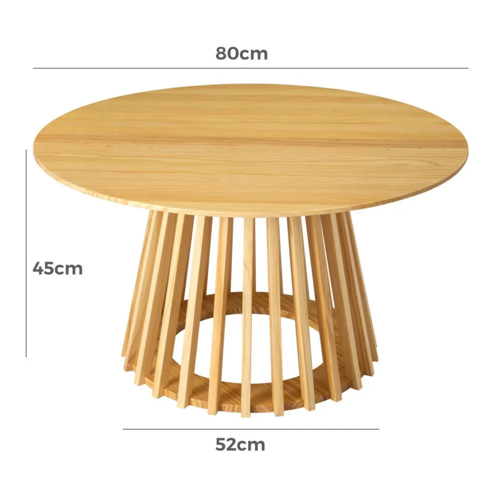 Round wooden coffee table with slatted base, dimensions 80cm x 52cm x 45cm.