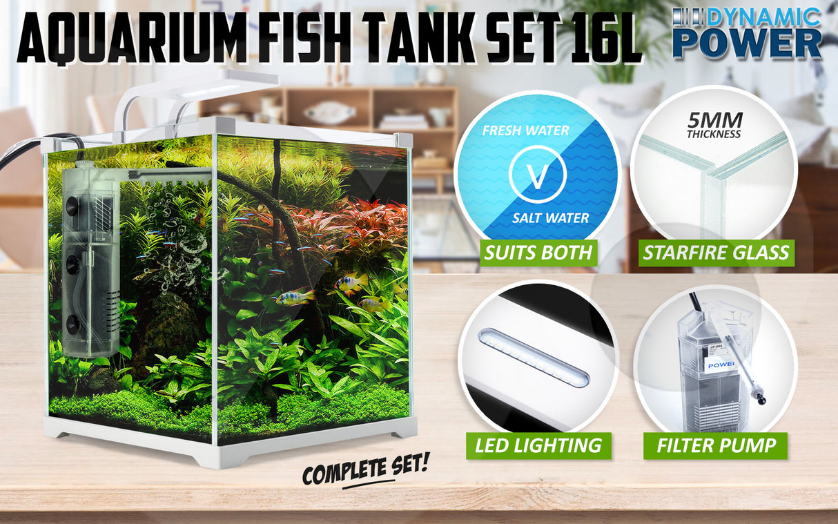 Aquarium Fish Tank 16L Starfire Glass 25x24x27cm Filter Pump LED