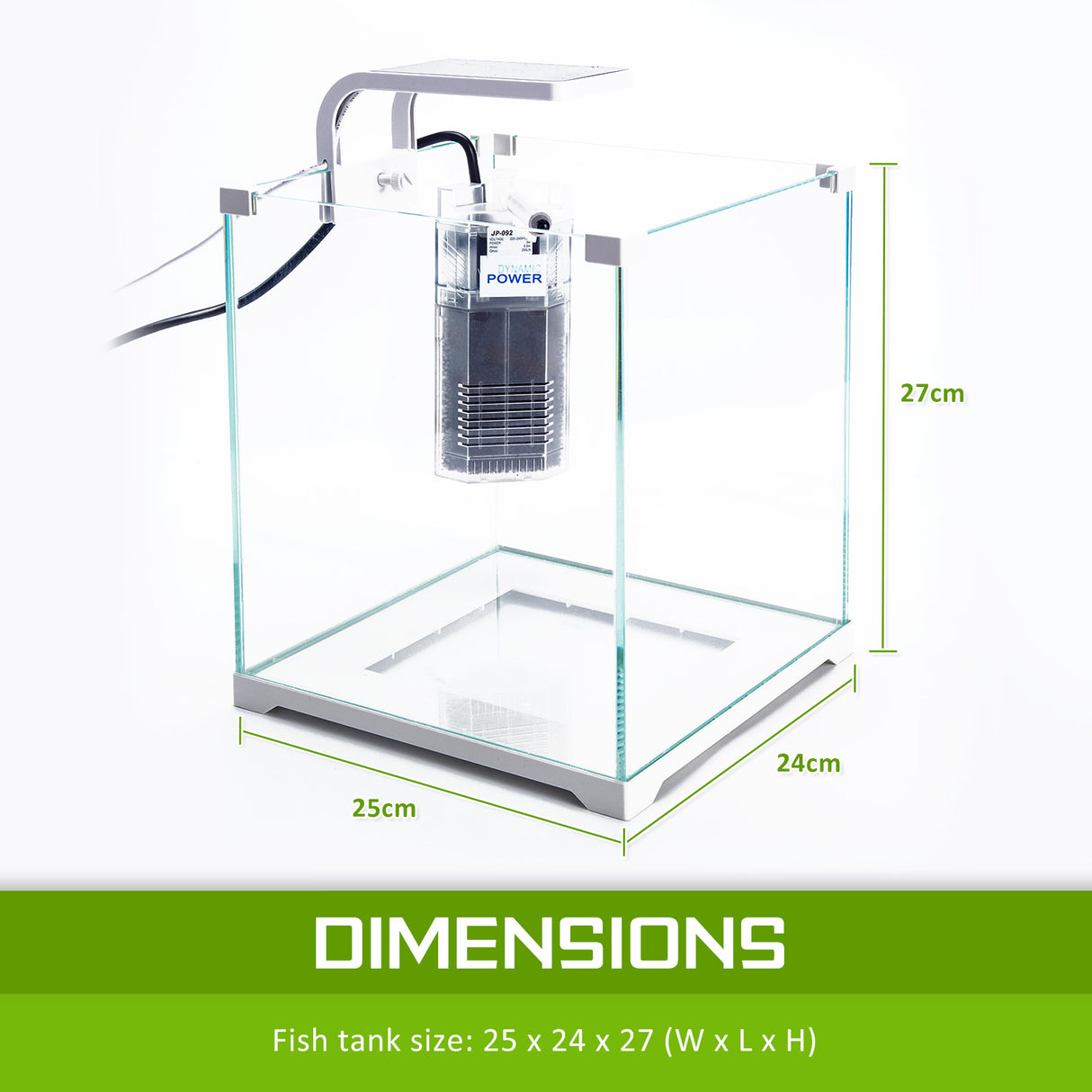 Aquarium Fish Tank 16L Starfire Glass 25x24x27cm Filter Pump LED