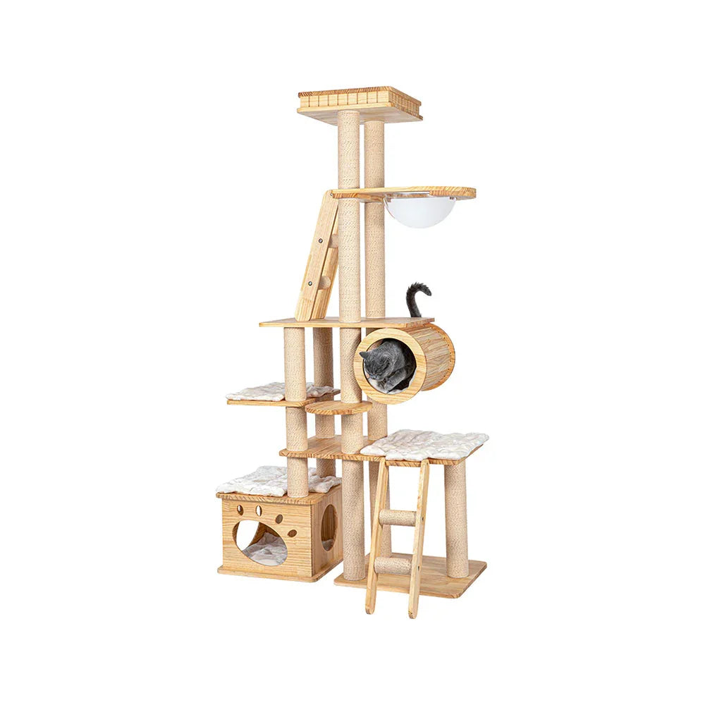 HONEYPOTCAT 195cm Regal Wood Cat Tree - Multi-Level Retreat