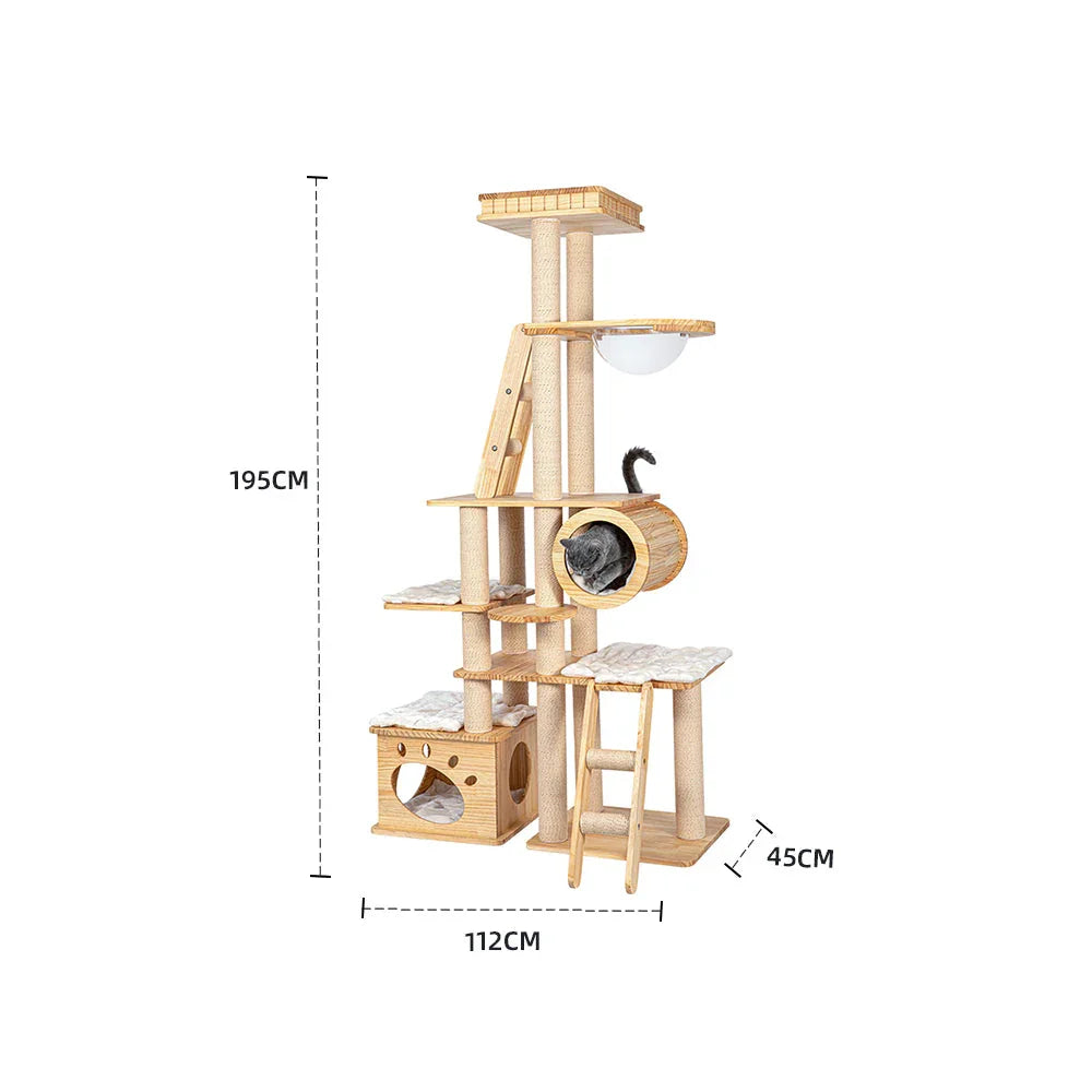HONEYPOTCAT 195cm Regal Wood Cat Tree - Multi-Level Retreat